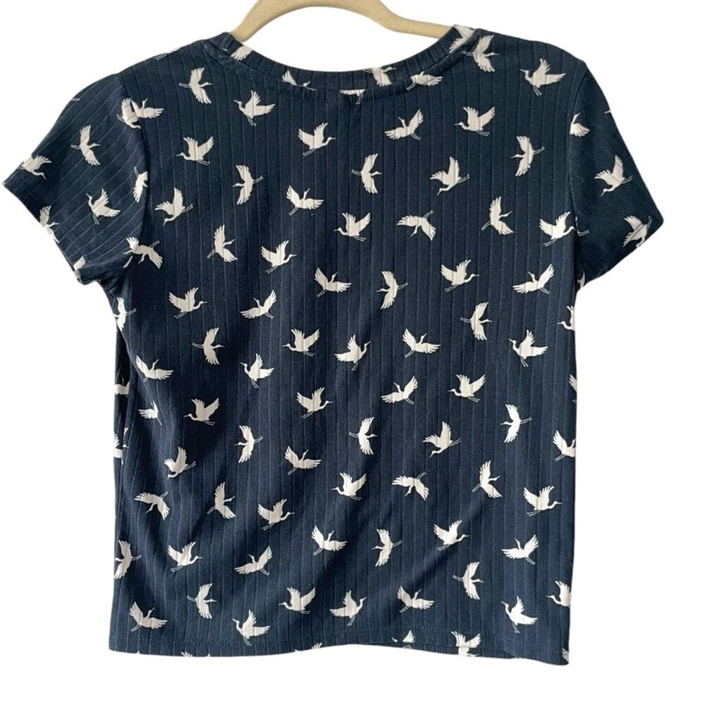 Flora Nikrooz XS Blue White Crane Print Ribbed Cropped Baby Tee Y2K Top